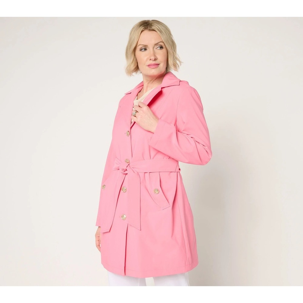 Dennis Basso Petite Water Resistant Trench Coat with Hood Rosey Pink, PXS #2C